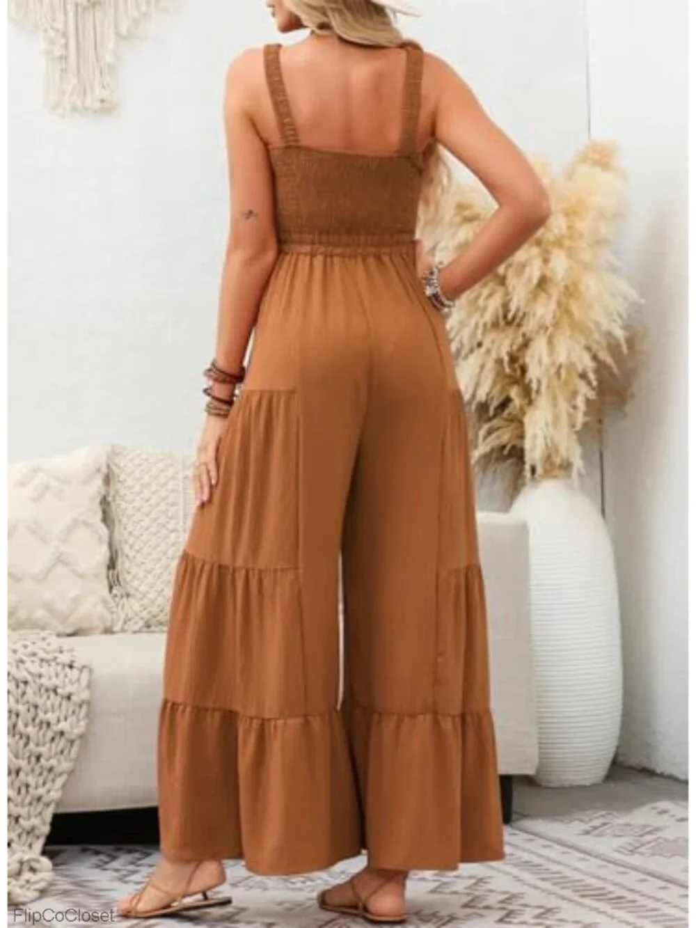 Womens Sleeveless Smocked Jumpsuit Ruffle Wide Leg Flowy Romper Summer